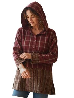 ODDY Button Plaid Long Sleeve Pullover Hoodie